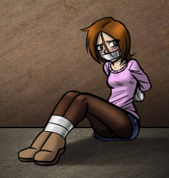 Rule 34 | 1girl, aeria, arms behind back, bdsm, blush, bondage, bound, bound ankles, bound feet, bound legs, bound wrists, breasts, brown eyes, brown hair, denim, gag, gagged, improvised gag, legs, medium breasts, pink shirt, shirt, struggling, tape, tape bondage, tape gag, thighs, wossarem