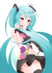 Rule 34 | 1girl, absurdres, blue hair, commentary, grin, hair ornament, hatsune miku, headset, highres, holding, holding own hair, long hair, looking at viewer, navel, pink eyes, shirt, skirt, sleeveless, sleeveless shirt, smile, solo, tell your world (vocaloid), thighhighs, twintails, user nhaa8357, very long hair, vocaloid, wrist cuffs