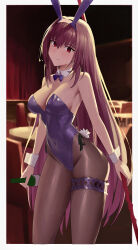 1girl absurdres animal_ear_hairband animal_ears bar_(place) bar_stool border bottle bow bowtie chair commentary_request covered_navel detached_collar expressionless fake_animal_ears fake_tail fate/grand_order fate_(series) gae_bolg_(fate) hairband highres indoors leotard long_hair looking_at_viewer o_taku pantyhose playboy_bunny polearm purple_bow purple_bowtie purple_hairband purple_leotard rabbit_ear_hairband rabbit_ears rabbit_tail scathach_(fate) scathach_(piercing_bunny)_(fate) solo spear stool strapless strapless_leotard table tail traditional_bowtie weapon white_border white_wrist_cuffs wine_bottle wrist_cuffs
