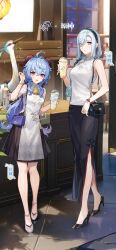2girls ahoge bag bare_shoulders bell bird black_bag black_shoes blue_eyes blue_hair braid breasts china_dress chinese_clothes cloud_retainer_(genshin_impact) cup disposable_cup dress drink full_body ganyu_(genshin_impact) ganyu_(heytea)_(genshin_impact) genshin_impact goat_horns hair_between_eyes hair_over_one_eye hand_up hanfu high_heels highres holding holding_cup holding_drink horns lolita_fashion long_hair looking_at_viewer multiple_girls neck_bell official_alternate_costume official_art open_mouth parted_lips purple_bag purple_eyes qi_lolita shenhe_(genshin_impact) shenhe_(heytea)_(genshin_impact) shoes shoulder_bag sidelocks skirt smile standing tassel white_hair white_shoes xianyun_(genshin_impact)