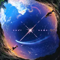 10s 1boy 1girl city cloud copyright_name day diffraction_spikes fisheye highres hizuki_ranko kimi_no_na_wa. looking_back meteor miyamizu_mitsuha mountain night night_sky ribbon running short_hair sky star_(sky) starry_sky tachibana_taki twilight walking