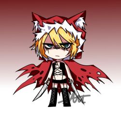 Rule 34 | 1girl, @ @, animal ears, bare shoulders, bikini, black bikini, black boots, black ribbon, black souls, black souls 2, blonde hair, blue eyes, boots, cape, cat ears, chibi, chibi only, closed mouth, fur-trimmed hood, fur trim, glaring, gradient background, hair over one eye, holding, holding knife, hood, knife, looking at viewer, makeup, mu blood, red background, red cape, red hood, red hood (black souls), ribbon, runny makeup, shaded face, short hair, signature, simple background, swimsuit, white background