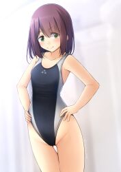 &gt;:) 1girl absurdres bare_arms bare_shoulders black_one-piece_swimsuit blush breasts brown_hair closed_mouth collarbone commentary_request commission competition_swimsuit eyes_visible_through_hair green_eyes hair_over_one_eye hands_on_own_hips highres one-piece_swimsuit pixiv_commission shibacha small_breasts smile solo swimsuit toki_ayano v-shaped_eyebrows yurucamp
