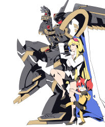 2girls absurdres aiba_ami alphamon armor black_armor black_shorts black_skirt blonde_hair chibi dawu233 digimon digimon_(creature) digimon_story:_cyber_sleuth eyewear_on_head forehead_jewel full_body group_pose highres knight kuremi_kyouko long_hair multiple_girls pink-tinted_eyewear red_hair shirt shorts simple_background skirt sunglasses tinted_eyewear white_background white_shirt yellow_shirt yotsubato! yotsubato!_pose