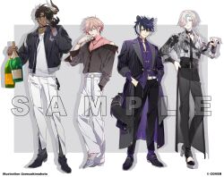 4boys ;p alternate_costume alternate_hairstyle animal_ears aqua_hair aragami_oga bare_shoulders belt biting biting_glove black_belt black_choker black_gloves black_hair black_jacket black_necktie black_pants black_shoes boots border bottle bracelet brooch buttons champagne_bottle chinese_clothes choker coat copyright_notice curtained_hair dark-skinned_male dark_skin demon_horns detached_collar dress_shoes drop_shadow earrings eyepatch full_body gloves green_eyes grey_background grey_belt grey_shirt grey_shoes hair_between_eyes hair_over_one_eye hair_over_shoulder hand_in_pocket hand_on_own_hip hands_in_pockets high-waist_pants high_heel_boots high_heels holding holding_bottle holding_necktie holostars horns jackal_boy jackal_ears jackal_tail jacket jacket_tucked_in jewelry kageyama_shien lapels layered_sleeves licking licking_finger lineup loafers long_sleeves looking_at_viewer low_ponytail male_focus medium_hair midriff_peek multicolored_hair multiple_boys multiple_rings necktie notched_lapels o-ring o-ring_belt official_art one_eye_closed open_clothes open_coat open_collar open_jacket outside_border pants parted_lips pendant pendant_choker pink_hair pink_shirt pinstripe_coat pinstripe_jacket pinstripe_pattern ponytail print_shirt purple_hair purple_shirt purple_socks rikka_(holostars) ring sample_watermark senzaki_makoto sharp_teeth shirt shirt_partially_tucked_in shirt_tucked_in shoes short_hair sideways_glance simple_background single_glove single_horn single_off_shoulder sleeveless sleeveless_shirt smile socks splatter_print standing streaked_hair t-shirt tail tail_ornament tangzhuang teeth toe_cleavage tongue tongue_out turtleneck two-tone_hair utsugi_uyu v-shaped_eyebrows virtual_youtuber waist_cape watermark white_belt white_border white_eyes white_hair white_pants white_shirt wing_collar yellow_eyes