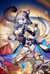 1girl :d animal_ear_fluff animal_ears artist_name black_gloves blue_eyes breasts cat_ears cat_tail chinese_commentary cipher_(honkai:_star_rail) cleavage coin commentary_request fingerless_gloves gloves grey_hair high_heels highres honkai:_star_rail honkai_(series) hood long_sleeves looking_at_viewer medium_breasts medium_hair mole mole_on_chest open_mouth sheya signature smile solo tail thighs
