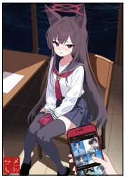 1girl absurdres animal_ear_fluff animal_ears black_hair black_shoes black_thighhighs blue_archive blue_necktie blue_sailor_collar blue_skirt blush brown_hair cellphone closed_eyes fox_ears fox_girl gloves grey_jacket grin hair_between_eyes hand_on_own_head highres holding holding_phone jacket long_hair looking_at_viewer melissa_v2 necktie on_chair open_mouth phone pink_gloves pink_ribbon pov red_eyes ribbon sailor_collar sensei_(blue_archive) sensei_(blue_archive_the_animation) shirt shoes short_hair sidelocks sitting skirt smartphone smile sweatdrop thighhighs white_shirt yukino_(blue_archive)