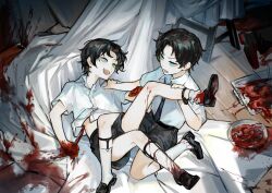 2boys :d absurdres black_hair black_necktie black_shoes black_shorts blood blood_on_clothes blood_on_hands blue_eyes chair collared_shirt corpse eyeball full_body green_eyes hand_on_another&#039;s_shoulder heterochromia highres holding holding_knife implied_death knife leg_over_thigh looking_at_another male_focus multiple_boys necktie on_ground on_one_knee open_mouth organs original out_of_frame pinned plate shirt shoes short_hair shorts siblings smile socks tablecloth teeth tray twins upper_teeth_only white_shirt white_socks wooden_floor wuruko