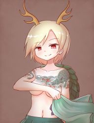1girl arinu blonde_hair blue_skirt breasts brown_background collarbone commentary_request covering_breasts covering_privates cowboy_shot dragon_horns dragon_tattoo earrings female_focus highres holding holding_shirt holding_unworn_clothes horns jewelry kicchou_yachie looking_at_viewer medium_breasts navel red_eyes scales shell shirt short_hair simple_background skirt slit_pupils smile solo tattoo topless_female touhou unworn_shirt