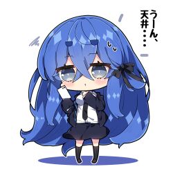 1girl black_bow black_jacket black_necktie black_skirt black_socks blue_hair blush bow breasts brown_shoes cellphone chibi closed_mouth collared_shirt colored_shadow commentary_request dress_shirt full_body grey_eyes hair_between_eyes hair_bow highres holding holding_phone jacket kneehighs loafers long_hair long_sleeves medium_breasts milkpanda necktie o3o open_clothes open_jacket original outline phone shadow shirt shoes short_eyebrows simple_background skirt sleeves_past_fingers sleeves_past_wrists small_sweatdrop socks solo squiggle standing sweat thick_eyebrows translation_request very_long_hair white_background white_outline white_shirt