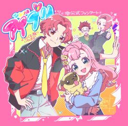 2boys 2girls :d absurdres animal aozora_hiiro aozora_hinano aozora_hinata aozora_tomoki artist_name belt black_eyes black_jacket blue_eyes blue_shirt braid brother_and_sister character_name closed_eyes collared_shirt colorful_background commentary_request copyright_logo cowboy_shot dog dot_nose dress_shirt earrings facing_viewer family fluffy_hair forehead frills fuku-chan_(aipri) green_shirt grey_jacket grey_pants grey_skirt hair_ornament hairclip hand_on_own_hip hand_on_wall hand_up hasegawa_umi head_tilt highres himitsu_no_aipri holding holding_animal holding_dog jacket jewelry lapels light_blush light_smile long_hair long_sleeves looking_at_viewer multicolored_jacket multiple_boys multiple_girls necklace necktie one_eye_closed open_clothes open_jacket open_mouth orange_background orange_eyes outline pants parted_bangs pink_background pink_hair pretty_series red_hair red_jacket salute semi-rimless_eyewear shirt shirt_tucked_in short_hair siblings signature skirt smile sparkle spread_fingers standing straight_hair thumbs_up tongue tongue_out translated two-tone_jacket under-rim_eyewear v-shaped_eyebrows wavy_hair white_outline white_shirt yellow_background yellow_necktie