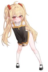 Rule 34 | 1girl, absurdres, ahoge, artist request, black dress, black shoes, blonde hair, blush, closed mouth, commission, dress, dress tug, full body, hair bobbles, hair ornament, highres, kneehighs, long hair, looking at viewer, original, pointy ears, red eyes, second-party source, shoes, simple background, sleeves past wrists, smile, socks, solo, standing, twintails, white background, white socks
