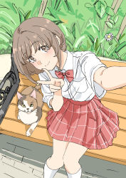 1girl azusagawa_kaede bench bow bowtie brown_eyes brown_hair bush calico_(pattern) calico_cat cat collared_shirt flower highres kneehighs looking_at_viewer outdoors plaid_clothes plaid_skirt pleated_skirt reaching reaching_towards_viewer red_bow red_bowtie red_skirt school_uniform seishun_buta_yarou selfie shirt short_hair short_sleeves sitting sketch skirt socks solo tamura_satomi v white_shirt white_socks