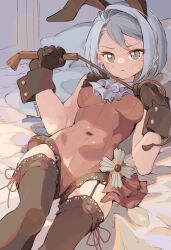 1girl absurdres ace_attorney black_gloves black_thighhighs blue_eyes blue_hair corset franziska_von_karma gloves highres lying on_back rabbit_ears red_corset sharktrs solo solo_focus thighhighs whip