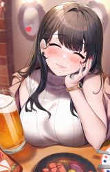 1girl alcohol beer black_hair blunt_bangs blush breasts closed_eyes coat cup drinking_glass earrings foam_mustache food hand_on_own_face highres jewelry large_breasts looking_at_viewer mole mole_under_mouth monoto nail_polish off_shoulder open_clothes open_coat original pink_lips plate red_nails sleeveless sleeveless_turtleneck solo sparkle sweater table turtleneck turtleneck_sweater upper_body watch