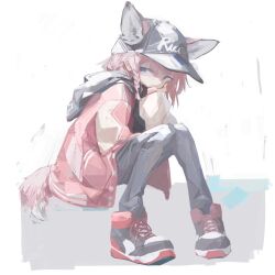 1girl abstract_background absurdres animal_ears arknights baseball_cap black_hat black_hoodie black_pants blue_eyes braid closed_mouth codemoretech commentary_request ears_through_headwear expressionless fox_ears fox_girl fox_tail full_body grey_background hand_on_lap hand_on_own_chin hat head_rest highres hood hood_down hoodie jacket jacket_over_hoodie letterman_jacket long_sleeves looking_at_viewer pants pink_hair red_jacket shoes short_hair side_braid sitting sneakers solo sussurro_(arknights) sussurro_(travel_freely)_(arknights) tail white_background