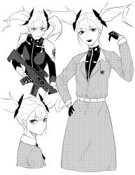 1girl absurdres assault_rifle bodysuit bow breasts closed_mouth floating_hair flustered gloves greyscale gun hair_bow hand_on_own_hip hand_up highres holding holding_weapon jacket kaijuu_no._8 light_blush long_hair looking_at_viewer monochrome parted_lips rifle shinomiya_kikoru skirt smile solo twintails tyrezal weapon