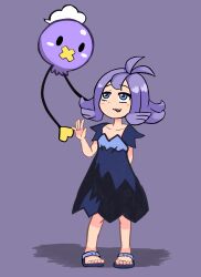 1girl 1other acerola_(pokemon) arm_behind_back black_dress blue_eyes child collarbone dot_nose dress drifblim eyebrows eyelashes flat_chest full_body gen_4_pokemon hand_up isoro_spider looking_at_another looking_up medium_hair nintendo open_mouth pokemon pokemon_(creature) pokemon_sm purple_background purple_dress purple_hair purple_sandals sandals simple_background smile solo_focus standing toes two-tone_dress variant_set