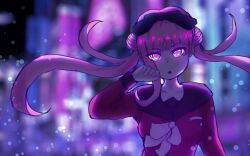 1girl black_bow blurry blurry_background bow city_lights cityscape collarbone female_focus hair_bow hand_up highres long_hair long_sleeves looking_at_viewer matching_hair/eyes open_mouth pink_eyes pink_hair red_shirt shirt simple_background solo solo_focus the_hundred_line_-last_defense_academy- tsukumo_kako twintails upper_body