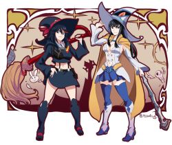 Rule 34 | 10s, 2girls, 71 (nanaichi drafting), adapted costume, black footwear, black hair, blue thighhighs, boots, breasts, broom, cape, cleavage, clothing cutout, company connection, erica mendez, guts (kill la kill), halloween, halloween costume, hand on headwear, hat, hat ribbon, hood, junketsu, kill la kill, kiryuuin satsuki, knee boots, little witch academia, matoi ryuuko, midriff, multiple girls, navel, navel cutout, over shoulder, rabbit, ribbon, senketsu, siblings, sisters, skirt, smile, staff, thighhighs, trigger (company), twitter username, voice actor connection, white footwear, witch hat