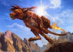 1boy akreon animal_collar beads blue_sky bracer canyon collar commentary copyright_notice english_commentary fangs final_fantasy final_fantasy_vii fire flame-tipped_tail hair_beads hair_ornament magic:_the_gathering official_art pawpads red_fur red_hair red_xiii running sky smile solo sun sunlight tail tattoo yellow_eyes