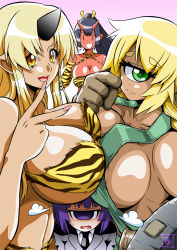 4girls animal_print bare_shoulders black_eyes black_hair black_necktie blonde_hair breast_press breast_rest breasts breasts_on_head cleavage colored_skin cyclops dark-skinned_female dark_skin dot_nose eyelashes female_focus fingernails formal_clothes green_eyes hair_between_eyes half-closed_eyes horn horns huge_breasts long_fingernails long_hair looking_at_viewer manako matching_hair/eyes monster_girl monster_musume_no_iru_nichijou multiple_girls necktie no_nose ogre one-eyed oni oni_horns overalls pink_background pointy_ears ponytail purple_eyes purple_hair red_skin s-now shiny_skin short_hair sideboob sidelocks smile suit sweat thick_eyebrows tiger_print tionishia upper_body v wavy_mouth yellow_eyes