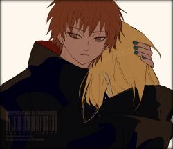 2boys akatsuki_uniform asymmetrical_bangs blonde_hair brown_eyes closed_mouth comforting crying deidara_(naruto) expressionless green_nails high_ponytail highres hug long_hair looking_at_viewer male_focus miomu4 multiple_boys naruto_(series) naruto_shippuuden ponytail red_hair robe sasori_(naruto) short_hair signature simple_background tears watermark white_background yaoi