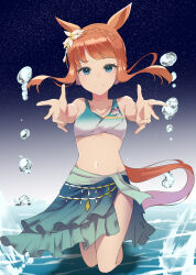 1girl absurdres animal_ears aqua_eyes bikini blunt_tresses braid bubble collarbone commentary_request cowboy_shot crown_braid ear_flower flower flower_request green_bikini green_sarong highres horse_ears horse_girl horse_tail long_hair midriff navel official_alternate_costume official_alternate_hairstyle orange_hair reaching reaching_towards_viewer sarong sidelocks silence_suzuka_(emerald_on_the_waves)_(umamusume) silence_suzuka_(umamusume) splashing swimsuit tail umamusume wading water white_flower yunekoko