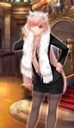 1girl adjusting_scarf black_jacket black_pantyhose black_skirt blazer blush breasts buttons center_frills commentary fate/grand_order fate_(series) feet_out_of_frame formal_clothes frilled_shirt frills garter_straps hand_on_own_hip indoors jacket light_rays long_hair long_sleeves looking_at_viewer lord_camelot_(fate) medb_(fate) medb_(formal_dress)_(fate) miniskirt official_art one_eye_closed orange_eyes pantyhose parted_lips pink_hair pink_shirt scarf see-through_pantyhose shirt sidelocks skirt small_breasts solo stairs standing takayama_kisai teeth third-party_source v-shaped_eyebrows very_long_hair white_scarf