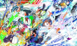 2boys 3girls absurdres akeuraji_tsukasa amate_yuzuriha aqua_eyes beanie blonde_hair blue_eyes blue_hair brown_hair child collared_shirt colored_inner_hair conch_(gundam) creator_connection crossover dress elbow_gloves figure_skating_dress gloves gundam gundam_gquuuuuux haro hat highres ice ice_skates jacket long_hair long_sleeves lower_eyelashes_only medalist_(manga) midair multicolored_hair multiple_boys multiple_girls necktie non-humanoid_robot nyaan_(gundam_gquuuuuux) official_art open_mouth pants pom_pom_(clothes) pom_pom_beanie promotional_art purple_hair red_eyes red_hair robot school_uniform shirt shoes short_hair shuji_ito skates skirt smile sweater tsuruma_ikada two-tone_hair wide-eyed yellow_eyes yuitsuka_inori
