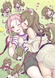 6+girls :3 ? ^_^ absurdres afterimage all_fours animal_ear_fluff animal_ears arm_up armpit_crease ball bangs_pinned_back bare_shoulders belt black_socks black_tank_top blonde_hair blush bone_in_mouth bracelet brown_dress brown_eyes brown_hair cartoon_bone clone closed_eyes closed_mouth clothes_writing commentary d4dj day dog_ears dog_girl dog_tail dress drop_shadow floral_print flower_symbol flying_sweatdrops forehead furrowed_brow girl_on_top gradient_hair grass grey_shorts halftone halftone_background hand_on_another&#039;s_chest hand_on_another&#039;s_head hand_up hands_up heads_together heart high-waist_shorts highres holding holding_leash inuyose_shinobu jewelry kemonomimi_mode kneeling knees_up leash licking licking_another&#039;s_cheek licking_another&#039;s_face long_hair long_sleeves looking_at_another looking_at_viewer lying lying_on_person mini_person minigirl motion_lines mouth_hold multicolored_hair multiple_girls off_shoulder on_back on_ground on_stomach one_eye_closed open_mouth outdoors outstretched_arm paw_pose pink_hair piyopiyomaru_(piyo8823) pocket polka_dot_shadow print_dress profile purple_shirt shirt short_hair shorts sitting socks speech_bubble spoken_question_mark striped_clothes striped_shirt sweat tail tail_wagging tank_top tennis_ball tongue tongue_out two-tone_hair two-tone_shirt v-shaped_eyebrows wavy_hair white_shirt yamate_kyouko yellow_belt yellow_eyes yuri