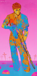 1boy absurdres collared_jumpsuit fear_&amp;_hunger fear_&amp;_hunger_2:_termina full_body grave graveyard gun highres holding holding_gun holding_weapon jumpsuit kocho_15 levi_(fear_&amp;_hunger) limited_palette pink_background rifle short_hair short_sleeves skull solo tombstone twitter_username wading weapon