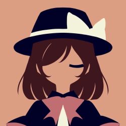Rule 34 | 1girl, black capelet, black hat, brown hair, capelet, closed eyes, hair over one eye, hat, hat ribbon, limited palette, maskin mei, medium hair, minimalism, neck ribbon, one eye closed, one eye covered, orange background, red ribbon, ribbon, shirt, simple background, touhou, usami renko, white ribbon, white shirt