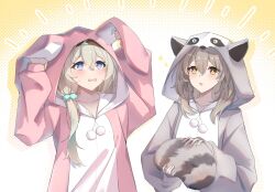 2girls alternate_costume animal_costume black_hairband collarbone commentary elphe english_commentary firefly_(honkai:_star_rail) grey_hair hairband highres honkai:_star_rail honkai_(series) medium_hair multicolored_eyes multiple_girls open_mouth pajamas rabbit_pajamas raccoon_costume stelle_(honkai:_star_rail) trailblazer_(honkai:_star_rail) two-tone_eyes yellow_background yellow_eyes