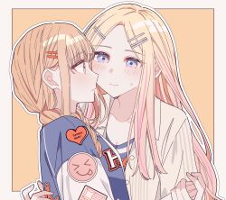 2girls blonde_hair blue_jacket blush border brown_hair closed_mouth commentary fujita_kotone gakuen_idolmaster hair_ornament hairclip highres holding_hands idolmaster jacket juo_sena kousaka_0v0 letterman_jacket long_hair looking_at_another multicolored_hair multiple_girls parted_lips pink_hair purple_eyes shirt simple_background streaked_hair sweatdrop twintails upper_body white_border white_shirt yellow_background yuri