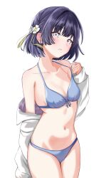 1girl armpit_crease bare_shoulders bikini blue_bikini blush breasts cleavage collarbone commentary front-tie_bikini_top front-tie_top gakuen_idolmaster halterneck hataya_misuzu head_tilt highres idolmaster jacket jacket_partially_removed kimi_to_semi_blue_(idolmaster) kirishima_(rxhr3422) looking_at_viewer mole mole_under_eye navel purple_hair short_hair simple_background small_breasts solo stomach swimsuit thighs two-sided_fabric two-sided_jacket white_background white_jacket