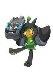 alternate_form artist_request bright_pupils closed_mouth fangs full_body highres holding holding_mask mask nintendo official_art ogerpon ogerpon_(cornerstone_mask) pokemon pokemon_(creature) pokemon_focus pokemon_sv simple_background smile solo standing standing_on_one_leg star-shaped_pupils star_(symbol) symbol-shaped_pupils third-party_source white_background white_pupils yellow_eyes