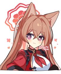 1girl animal_ears blue_archive blush bright_pupils brown_hair closed_mouth commentary cropped_torso dot_nose fox_ears fox_girl hair_between_eyes halo highres long_hair looking_at_viewer neckerchief purple_eyes red_halo red_neckerchief red_shirt rumi_(blue_archive) shirocha_tei shirt short_sleeves simple_background smile solo twitter_username white_background white_pupils