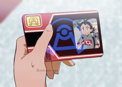 1boy barcode blurry blurry_background card commentary_request day goh_(pokemon) holding holding_card id_card male_focus matsuno_opa nintendo outdoors poke_ball_print pokemon pokemon:_destiny_deoxys pokemon_(anime) pokemon_journeys pokemon_rse_(anime) solo sweatdrop twitter_username watermark