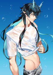 Rule 34 | 1boy, absurdres, aqua horns, artist name, blue background, blue eyes, blue hair, bulge, clothes lift, colored inner hair, covered pectorals, dan heng (honkai: star rail), dan heng (imbibitor lunae) (honkai: star rail), dragon boy, dragon horns, eastern dragon horns, eriimyon, expressionless, eyeliner, from side, grey pants, hair between eyes, highres, honkai: star rail, honkai (series), horns, long hair, makeup, male focus, midriff, multicolored hair, pants, pectorals, pointy ears, red eyeliner, shirt, shirt lift, simple background, solo, toned, toned male, wet, wet clothes, wet shirt, white shirt