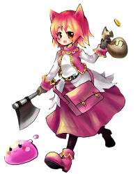 Rule 34 | 1girl, :3, animal ears, axe, belt, black belt, black gloves, blush, brown eyes, cat ears, cat girl, coin, commentary request, doroidsan, full body, gloves, holding, holding axe, holding sack, long sleeves, looking at viewer, merchant (ragnarok online), money bag, open mouth, pink bag, pink hair, pink shoes, pink skirt, pink vest, poring, ragnarok online, sack, shirt, shoes, short hair, simple background, skirt, slime (creature), smile, solo, translation request, vest, white background, white shirt
