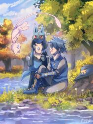 Rule 34 | 1boy, :d, aonik, black hair, blue boots, blue gloves, boots, cloud, commentary, day, gen 1 pokemon, gen 4 pokemon, gloves, hat, highres, legendary pokemon, lucario, male focus, mew (pokemon), mythical pokemon, nintendo, open mouth, outdoors, pokemon, pokemon: lucario and the mystery of mew, pokemon (anime), pokemon (creature), pokemon rse (anime), river, short hair, sir aaron, sitting, sky, smile, spiked hair, standing, tree, unworn hat, unworn headwear, water