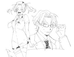 Rule 34 | 1boy, 1girl, :d, adjusting eyewear, age difference, bandaged arm, bandaged leg, bandaged neck, bandages, blood, blood on clothes, blood on face, blush, breasts, cleavage, collared dress, collared shirt, commentary request, cowboy shot, cropped torso, curtained hair, dress, fake blood, finger to face, foot up, freckles, frown, futsuu no keion-bu, garter straps, glasses, hair ornament, halloween costume, hand on eyewear, hat, high heels, highres, index finger raised, jacket, kamosige, lapels, long sleeves, medium breasts, necktie, no bra, notched lapels, nurse, nurse cap, official alternate costume, open clothes, open dress, open mouth, parted bangs, rolling eyes, sashikawa keiichi, shirt, short dress, short hair, short sleeves, skull hair ornament, smile, suit jacket, teacher and student, torn clothes, torn dress, tsuru asaka, twintails