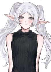 1girl black_shirt elf frieren green_eyes half-closed_eyes highres looking_at_viewer moku_(muooku) parted_lips pointy_ears shirt simple_background sleeveless sleeveless_shirt solo sousou_no_frieren teeth thick_eyebrows twintails upper_body white_background white_hair