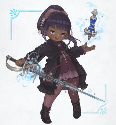 1girl black_footwear commission cross-laced_footwear cryokinesis dark-skinned_female dark_skin dress final_fantasy final_fantasy_xiv flat_chest frilled_jacket frills full_body hair_ribbon highres holding holding_weapon jacket lalafell long_bangs looking_at_viewer medium_hair open_mouth pink_dress pink_ribbon pink_thighhighs pointy_ears ponytail pouch puluie purple_eyes purple_hair purple_jacket rapier red_mage_(final_fantasy) ribbon simple_background smile solo sword teeth thighhighs warrior_of_light_(ff14) weapon