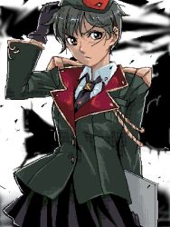 1girl aiguillette brown_eyes female_focus gloves lowres military military_uniform original punpun short_hair solo
