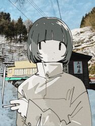 1girl black_eyes black_hair blue_sky blunt_bangs bob_cut building buttons cigarette closed_mouth coat day dot_mouth dot_nose expressionless high_collar highres holding holding_cigarette house long_sleeves looking_at_viewer no_pupils original outdoors photo_background power_lines short_hair sign sky smoke smoking solo soyacomu tree upper_body utility_pole