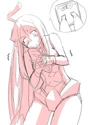 1girl digimon digimon_(creature) female_focus gloves hudiemon leotard long_hair looking_down ph6xeivbgpimggg solo solo_focus sweat sweatdrop thick_thighs thighhighs thighs trembling weighing_scale