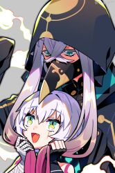 1boy 1girl :d asclepius_(fate) bandaged_arm bandages bare_shoulders black_gloves commentary_request facing_viewer fang fate/grand_order fate_(series) fingerless_gloves gloves green_eyes grey_hair hair_between_eyes holding_another&#039;s_hair hood hood_up jack_the_ripper_(fate/apocrypha) long_hair long_sleeves looking_at_another looking_up mask open_mouth puteru scar scar_across_eye scar_on_face sleeves_past_fingers sleeves_past_wrists smile