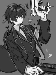 Rule 34 | 1boy, arm up, bags under eyes, black butterfly, black coat, black eyes, black hair, black necktie, black vest, bug, butterfly, coat, collared shirt, double-parted bangs, dual wielding, e.g.o (project moon), formal clothes, frown, grey shirt, greyscale, gun, hair between eyes, handgun, holding, holding gun, holding weapon, insect, kiri ya 6, limbus company, male focus, monochrome, necktie, official alternate costume, project moon, shirt, short hair, solemn lament (e.g.o), solo, suit, upper body, vest, weapon, white butterfly, yi sang (project moon)